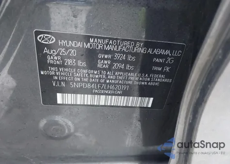 2020 Hyundai Elantra Value Edition z USA, uszkodzony, nr VIN 5NPD84LF7LH620191